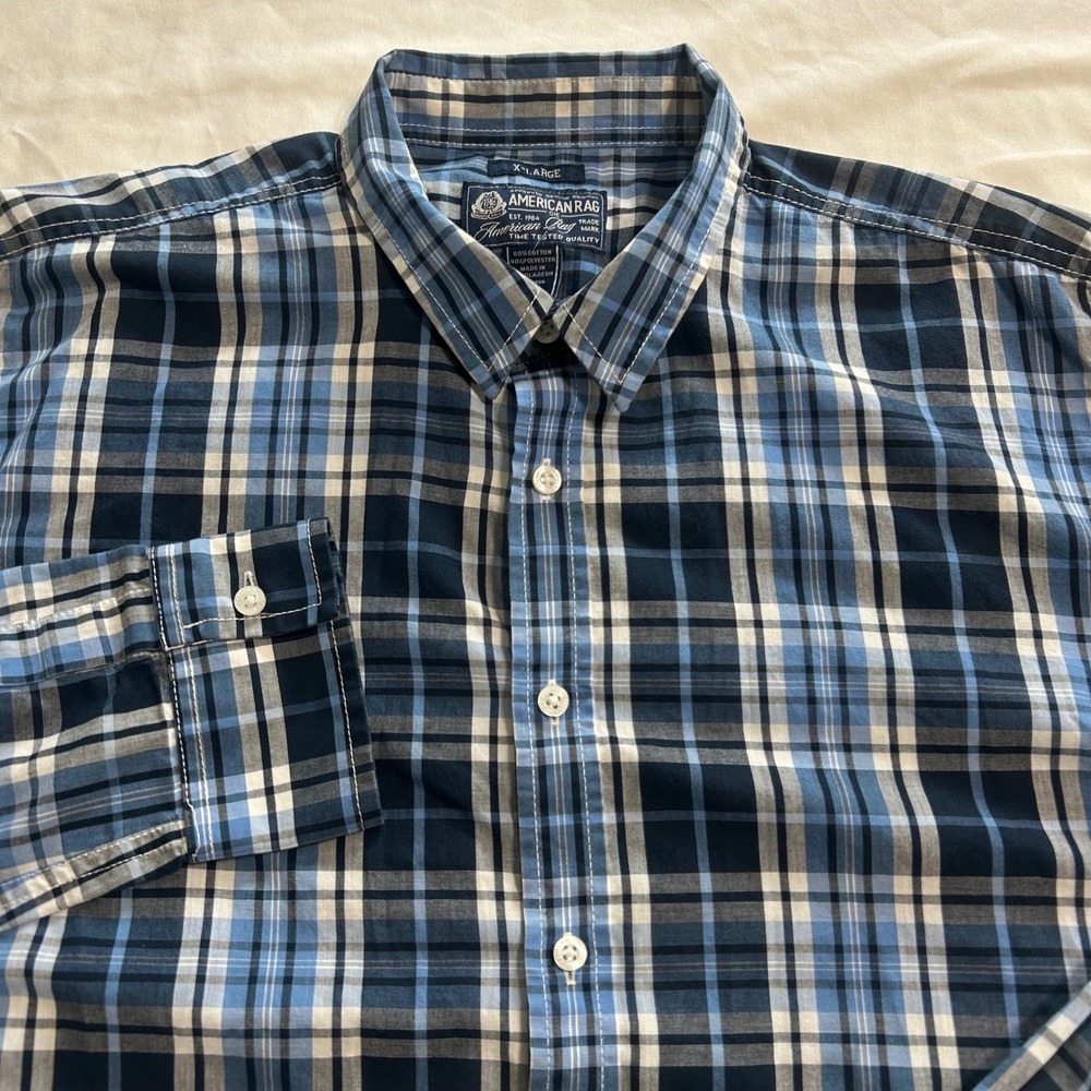 American Rag Mens XL Blue White Plaid Long Sleeve Button Down Shirt Cotton Blend